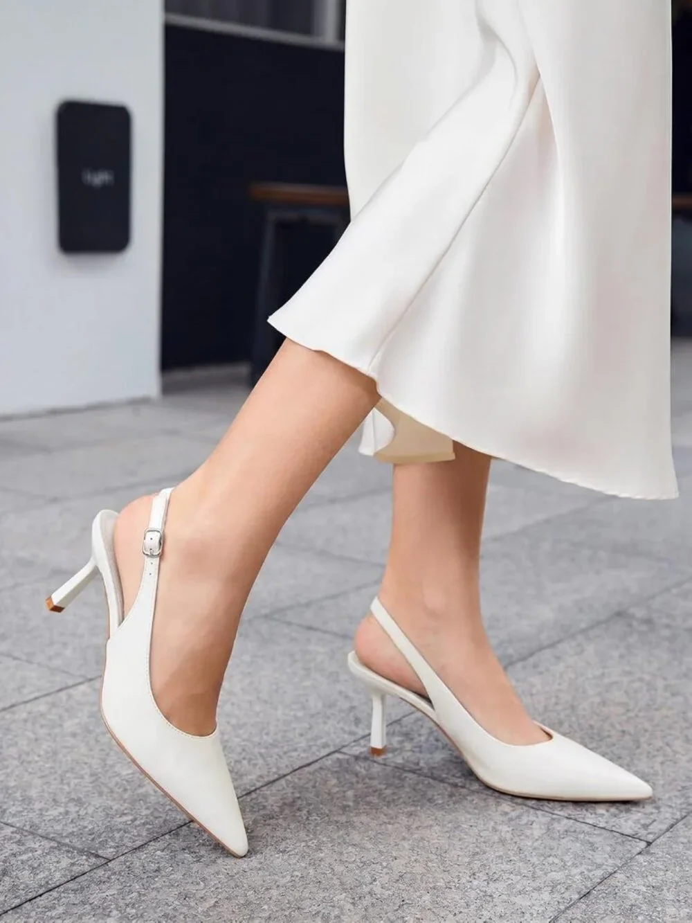 Women's White PU Rubber Slingback Kitten Heels Closed Pointed Toe Buckle Pumps